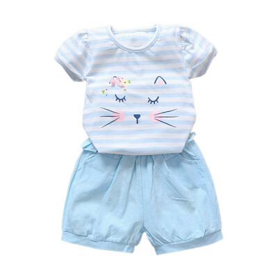 

Summer Infant Baby Girls Casual Sets Children Clothings Cartoon Stripe Short Sleeve T-shirtShorts Suits Costume Set