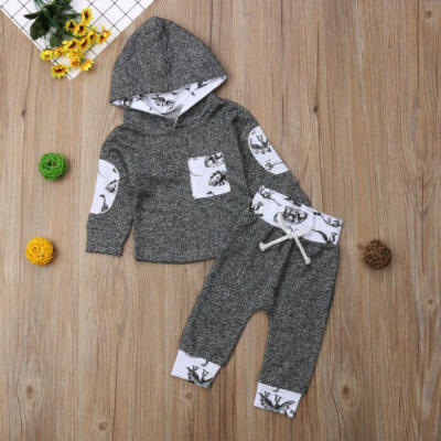 

UK Dinosaur Newborn Baby Boy Winter Outfits Clothes Hooded Tops Pants 2Pcs Set