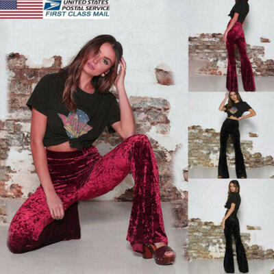 

US Womens Warm High Waist Gold Velvet Bell Bottom Stretch Wide Leg Pants Trouser
