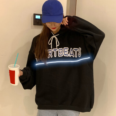 

Women "HEARTBEATS" Long Sleeve Sweatshirt Front Reflective Striped Hooded Tops 2019 Autumn Winter Loose Pullovers Casual Tops