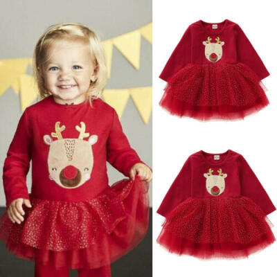 

US Xmas Kids Baby Girl Christmas Pageant Tutu Lace Dress Princess Clothes Set