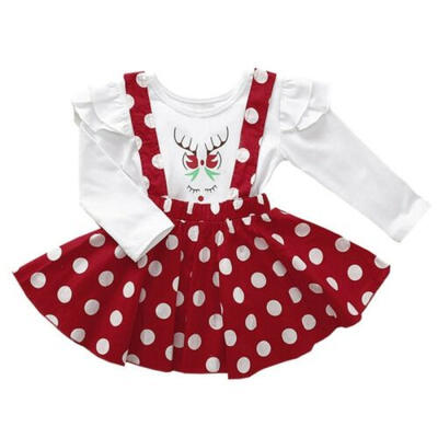 

US Christmas Toddler Baby Kids Girl Shirt Tutu Polka Dots Skirts Xmas Outfits