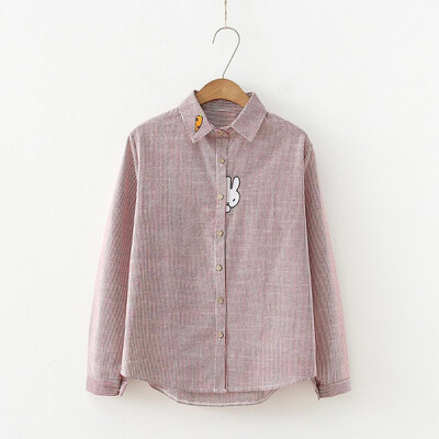 

Autumn Cartoon Fishing Cat Embroidery Long Sleeve Women Fine Striped Blouses Shirt Cotton Casual Women Blusas Tops