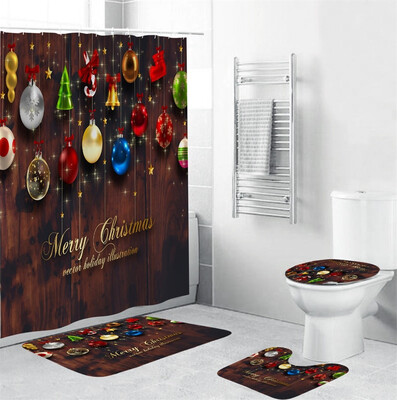 

Gobestart 4Pcs Christmas shower Curtain Bathroom Anti-slip Carpet Rug Toilet Cover Mat Set