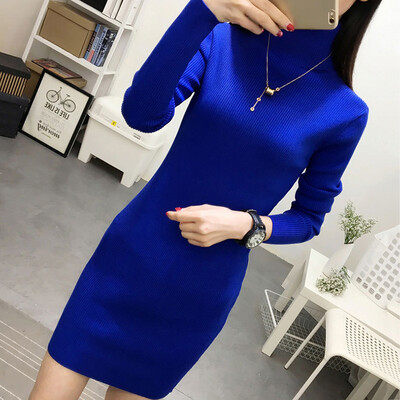 

Women Temperament Turtleneck Sweater Solid Color High Waist Long Knit Long Sleeve Dress Slim Bag Hip Base Skirt