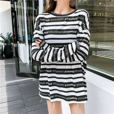 

Korean Style Loose Casual Round Neck Long Tops Autumn New Striped Pattern Cotton Women T-shirts