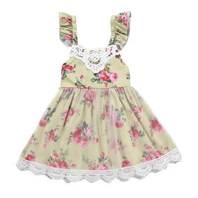

Summer Kids Girls Casual Sleeveless Backless Floral Dress Costume Baby Children Cotton Dresses with Lace
