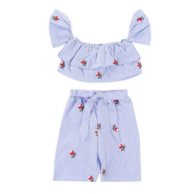 

Kids Sets Baby Girls Summer Suits Cotton Striped Patterns Off-shoulder TopsShorts Girls Clothing