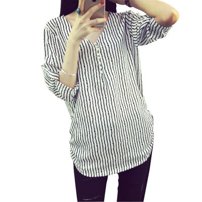 

EFINNY Women Long Sleeve Solid Color V Collar Fashion Stripes Print Blouse Autumn Bottoming Shirt