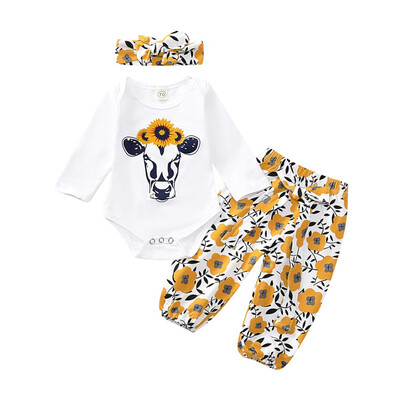 

3pcs Newborn Baby Girl Long Sleeve Print Bodysuits Headband Children Outfits Aututmn Clothes