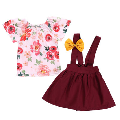 

Baby Girls Clothes Set Floral T-shirt Dress Set Lovely Bowknot Dress Suspenders Sets for Summer