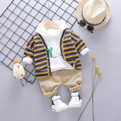 

New Autumn Fashion Casual Cactus Print Striped Boy Set Hoodie Pants Cardigan 3pcs Toddler Children Set 0-3T Baby Boy Clothes