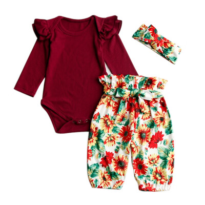 

3pcs Newborn Baby Boys clothes Cotton Floral long sleeve Romper Pants Headband Outfits Clothes Set Baby Girl Clothes