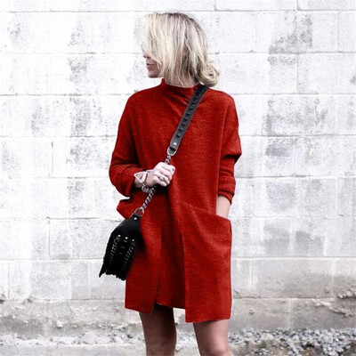 

New Women Autumn Winter Casual Dress Stand Collar Long Sleeve Solid Big Pockets Loose Mini Dress