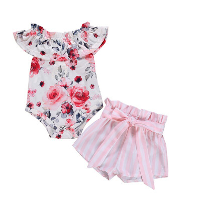 

Summer Baby Girl Casual Flare Sleeve Cotton Floral Print Romper Tops Striped Shorts Outfits Set