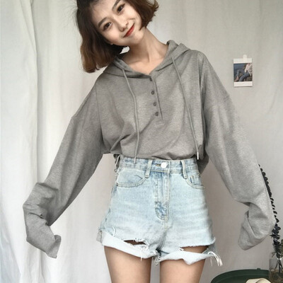 

Women Autumn Simple Long Sleeve Cute Solid Color Casual Loose Hooded Sweet Sweater