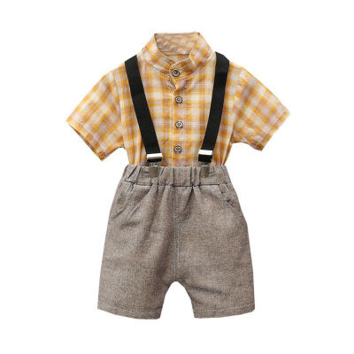 

kid clothes Summer boys clothes Short Sleeve Plaid Print Tops T-shirtStrap Shorts Suspenders Fashion Clothing Sets