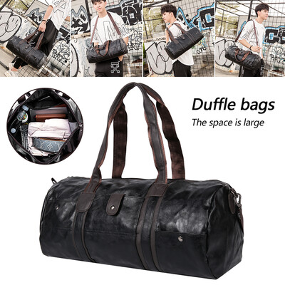 

Hot Mens Large Capacity PU Leather Sports Duffle Gym Fitness Crossbody Bags Travel Shoulder Handbag Male Bucket Bag Black Brown