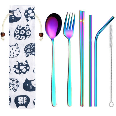 

Portable Travel Dinneware Set Stainless Steel Spoon Straws Chopsticks Fork Set With Linen Bag Kitchen Tableware