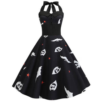 

Womens Fashion New Halloween Vintage Dress Hanging Neck Print Big Swing Sexy Dress high waist Dress