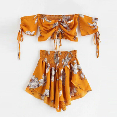 

Summer Off Shoulder Cinched Floral Women Set Slash Neck Short Sleeves Crop Top High Waist Shorts Set