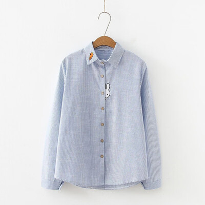 

Autumn Cartoon Fishing Cat Embroidery Long Sleeve Women Fine Striped Blouses Shirt Cotton Casual Women Blusas Tops