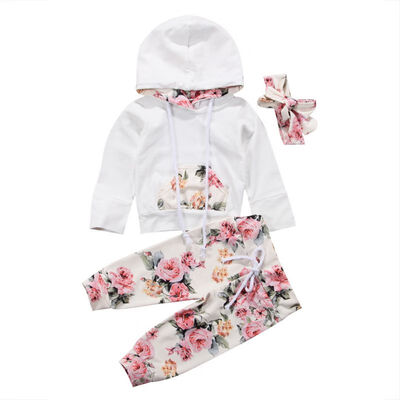 

2018 Fashion Newborn Clothes Set Baby Girls Hooded Tops ShirtLong PantsHeadband Outfits Tracksuit