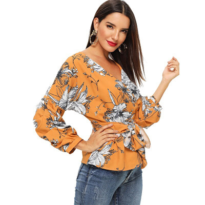 

New Floral Lantern Long Sleeve Vintage Blouse V Neck Collar Shirt Blusas Feminino Ladies Blouses Womens Tops Fashion