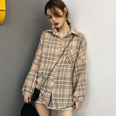 

Woman Vintage Plaid Shirt Single Breasted Turn down Collar Autumn Long Sleeve Button Retro Blouses Fall Clothes Tops