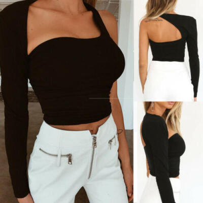 

Summer Women Casual One Shoulder Top Blouse Long Sleeve Crop Tops Shirt Slim