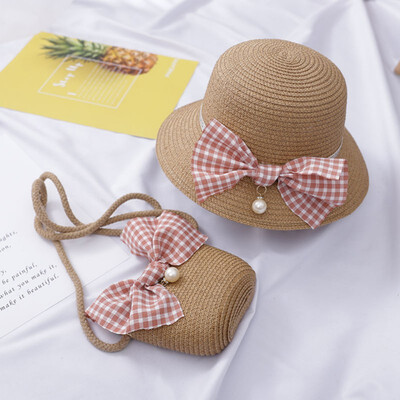 

Summer Cute Beach Bowknot Straw Sun Cap And Handbag Pearl Decoration 2pcs For Kids Girls 4-8Y Lovely Toddler Girl Wavy Hat