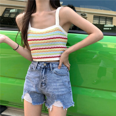 

Summer Tank Top Stripe New Korean Color Striped Sleeveless Knitted Girl Wearing Pullover Women Runway Sweater