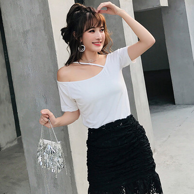 

Loose Casual Short T-Shirts Women One Shoulder Off Sexy Cotton T-Shirt Short Sleeve Summer New Solid Tops Fashion Clothings