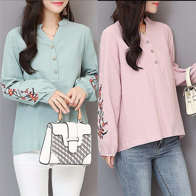 

Womens Shirt Embroidery Floral Plus Size Stand Collar Chic Top shirts
