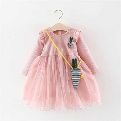 

Baby Girls Clothes Autumn Spring Dresses for Girls Long Sleeve Patchwork Mesh Dress Kids Sundress With Carrot Shape Bag