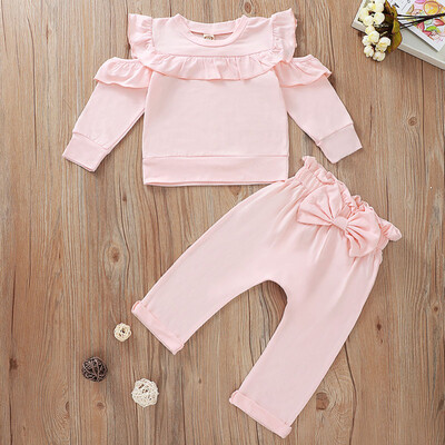 

Newborn Baby Girl Sets Cute Solid Color Autumn Long Sleeve Sweater Bow Decoration Pant Two Pieces Sets
