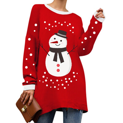 

Christmas Sweater For Women Autumn And Winter Fashion New Round Neck Elk Snowman Print Christmas Loose Sweater -XL