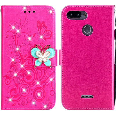 

MOONCASE Millet red rice 6 butterfly rhinestone embossed leather case - red
