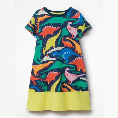 

Summer Kids Baby Girls Cotton Animal Dinosaur Short Sleeve Dress Clothes