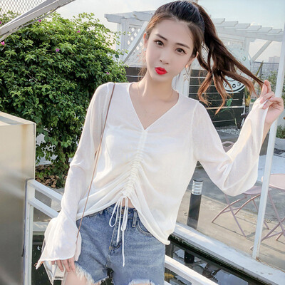 

Chiffon Drawstring Bandage Cover Up Blouse Thin Sunscreen black Loose Casual long Sleeve Open Stitch Shirt Tops Lady