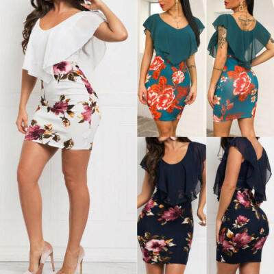 

Sexy Women Summer Beach Chiffon Mini Dress Sleeveless OL Floral Bodycon Sundress