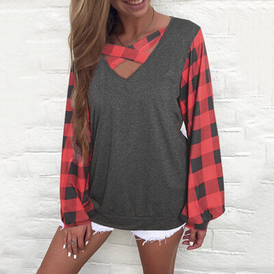 

Tailored Womens V-neck Lattice Printing&Stitching Long-sleeved Horn Sleeve Blouses
