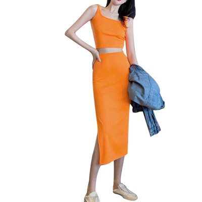 

Woman New Fashion Dress 2 Pieces Set Sleeveless Tank Crop Top Slim Fit Skirt Solid Color Girls Sets