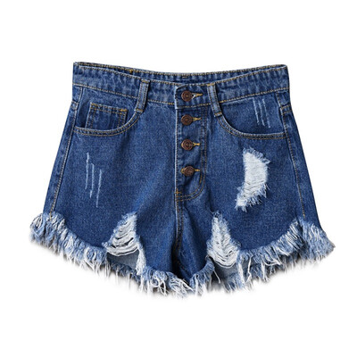 

Women Summer Hole Hot Denim Solid Color High Waist Slim Casual Wide Leg Shorts