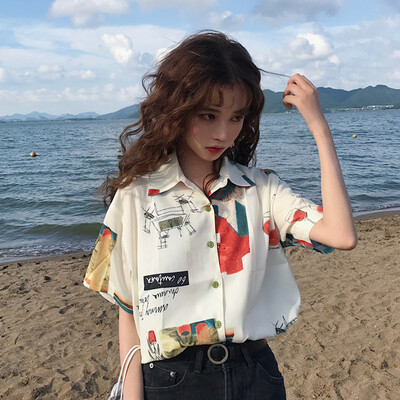 

Fashion Women Blouse New Autumn Elegant Vintage Cartoon Print Lapel Shirt Tops Loose Single-breasted Short Sleeve Blouse