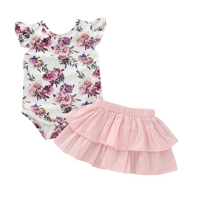 

Baby Clothes Set Summer Short Sleeve Floral T-Shirt Top RomperSkirt Elegant Toddler Girl Clothing