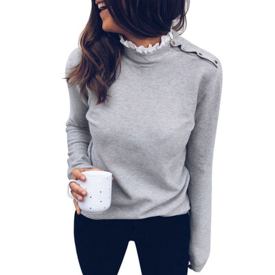 

Womens casual T-shirt long-sleeved shirt ladies fashion solid color fashion pullover lace high collar T-shirt -2XL