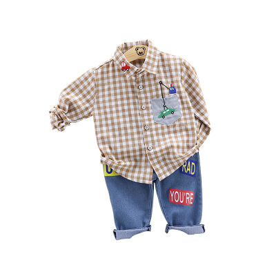 

0-4T Spring Autumn Casual Baby Long Sleeve Plaid Printing Shirt And Jeans Kids Two-piece Outfit Set