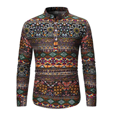 

Tailored Mens Ethnic Long Sleeve Casual Cotton Linen Printing Hawaiian Shirt Blouse