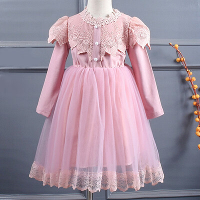 

Princess Dress Autumn Casual Baby Girls Lace Design Long Sleeve Patchwork Mesh Dress Kids Toddler Pageant Sundress